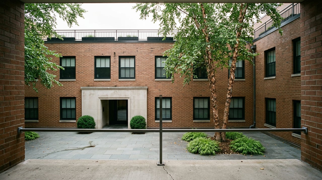 Warm brick apartment facade with black-framed windows, limestone entry, and a birch tree in the courtyard.