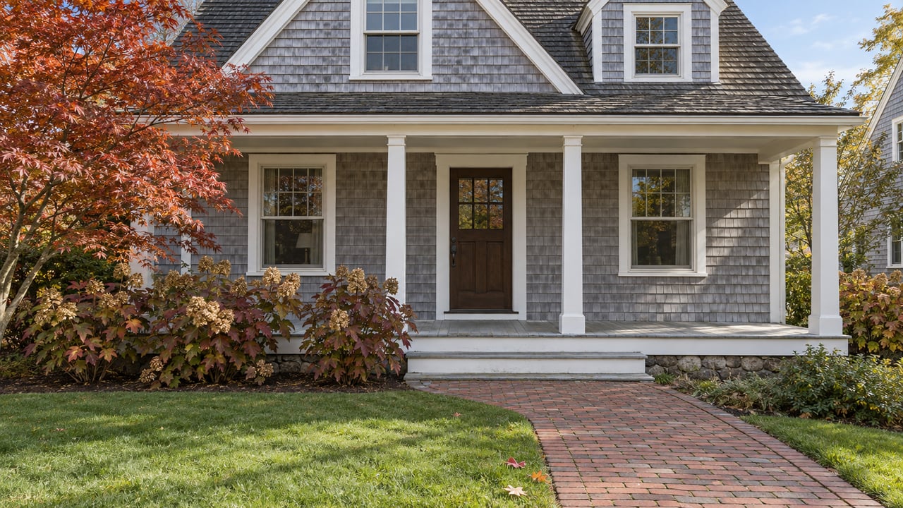Weathered cedar-shingle house with a deep white-trimmed porch, brick approach and burgundy autumn hydrangeas.