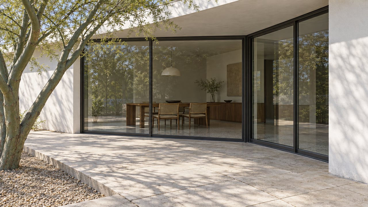Morning sunlight crosses limestone paving beside a white modernist home, closed glass sliders and a blue-green branching tree.