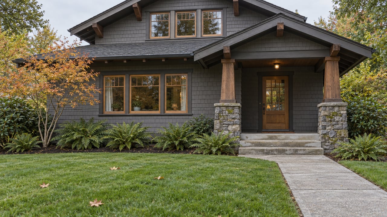 Gray cedar-shingled home with timber porch supports, stone piers and an autumn vine maple across a dew-darkened front lawn.