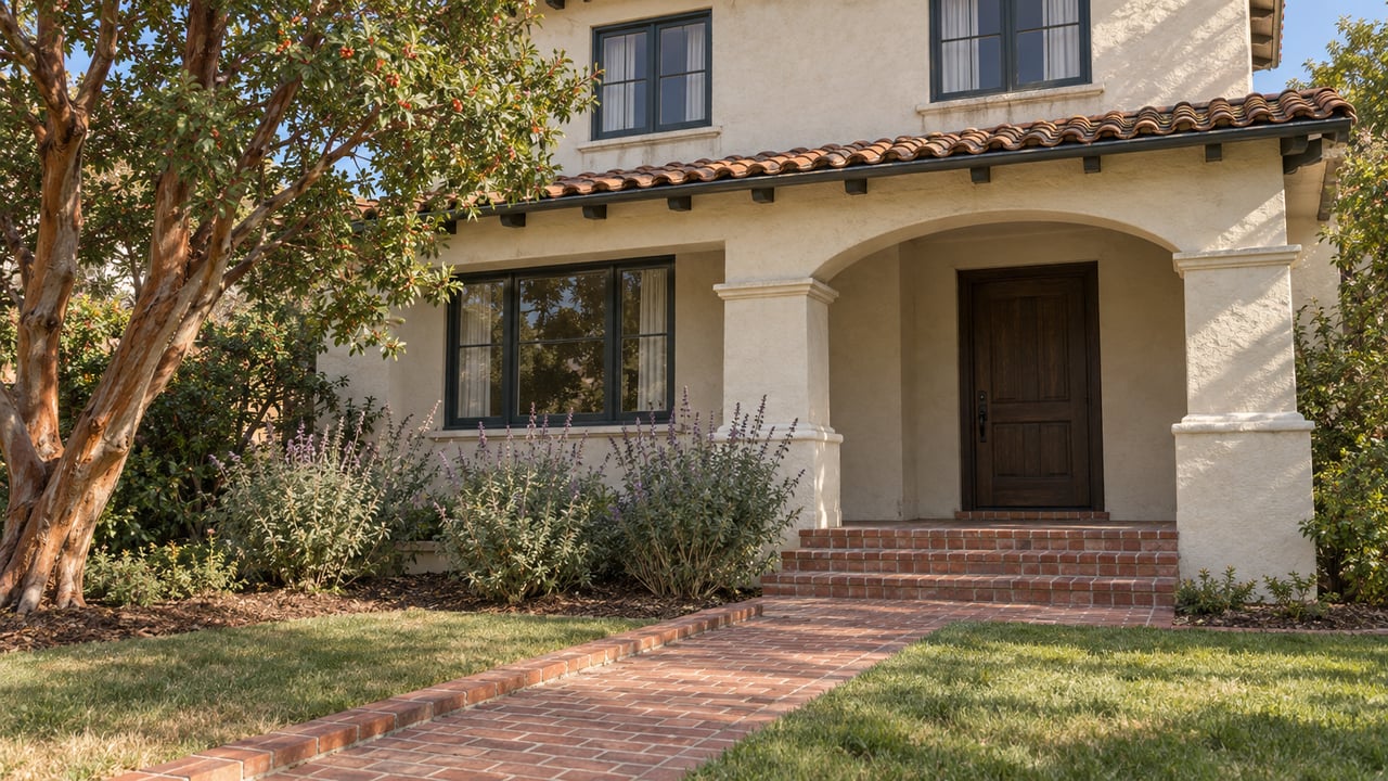 Cream stucco home with a clay tile roof, arched porch and brick approach framed by a mature strawberry tree and sage planting.