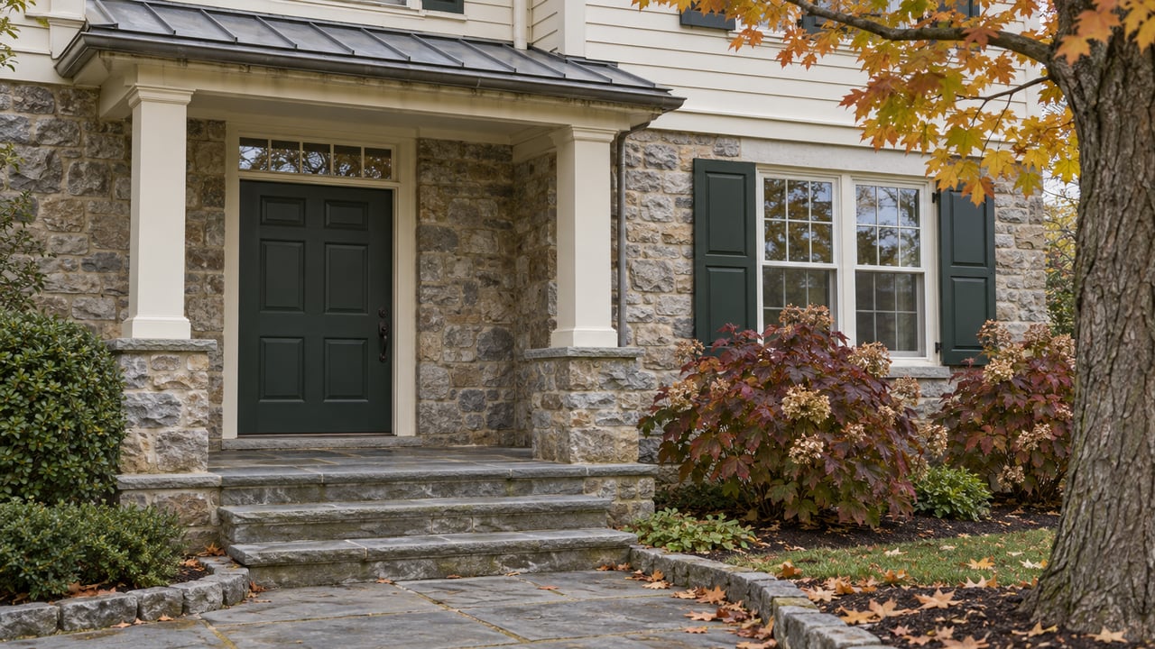 A stone and cream-clapboard house entry with dark green shutters, worn bluestone steps, and amber maple leaves in soft autumn daylight.