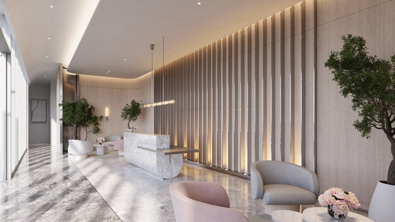 Rendering of residential lobby seating at La Baia South in Bay Harbor Islands.