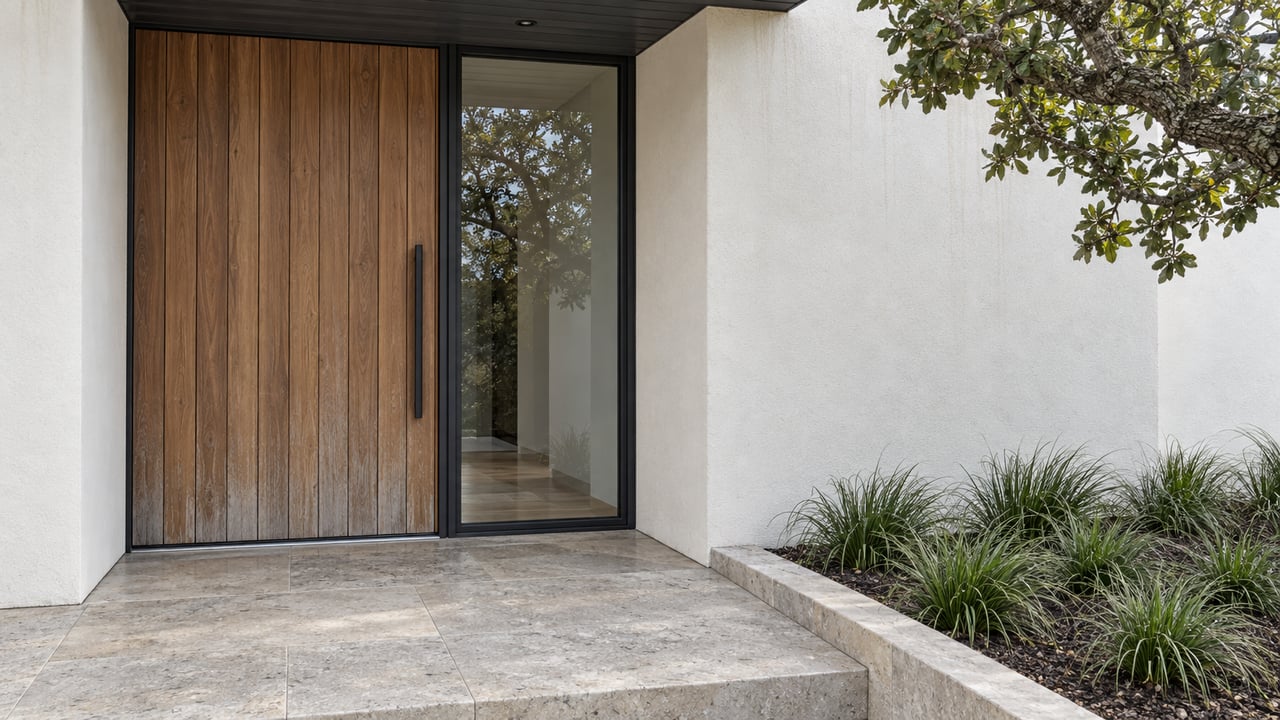 Close view of a contemporary home's cedar entry door, black-framed sidelight and limestone landing beside a planted bed.