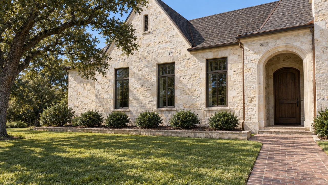 Pale limestone home with a steep gable and recessed arched walnut entry, set beyond a broad lawn and red-brown brick approach beneath a mature live oak.