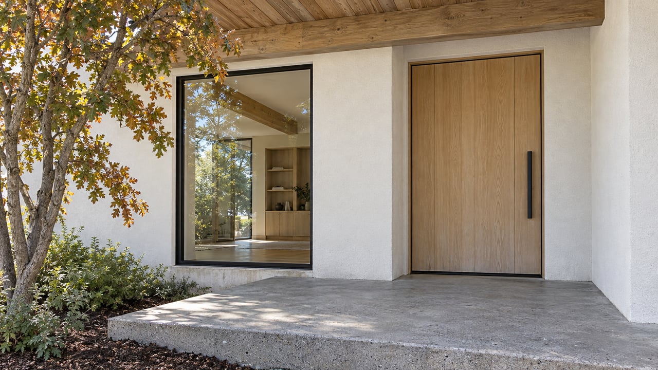 Covered contemporary home entrance with a pale oak door, black-framed glazing, timber ceiling and a mature oak beside a raised concrete landing.