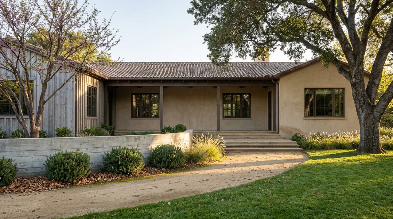 Single-story ranch home with sand-toned plaster, a deep porch, gravel path, and mature oak canopy.