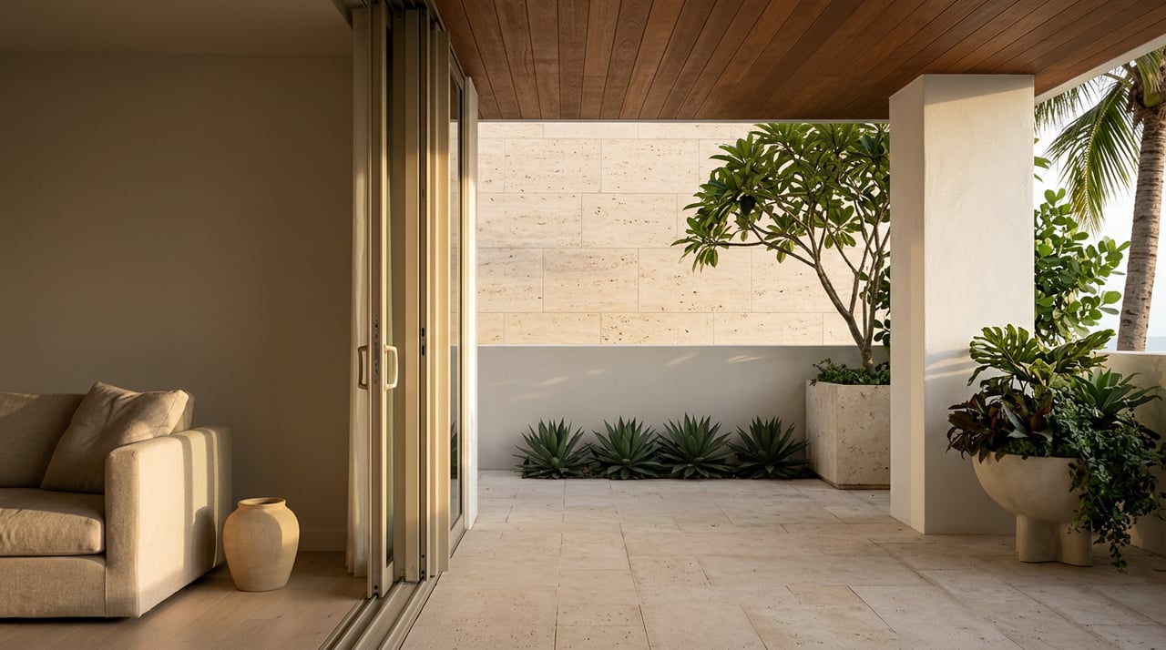 Sunlit travertine terrace wall beside an open slider, with a plumeria in a limestone planter.