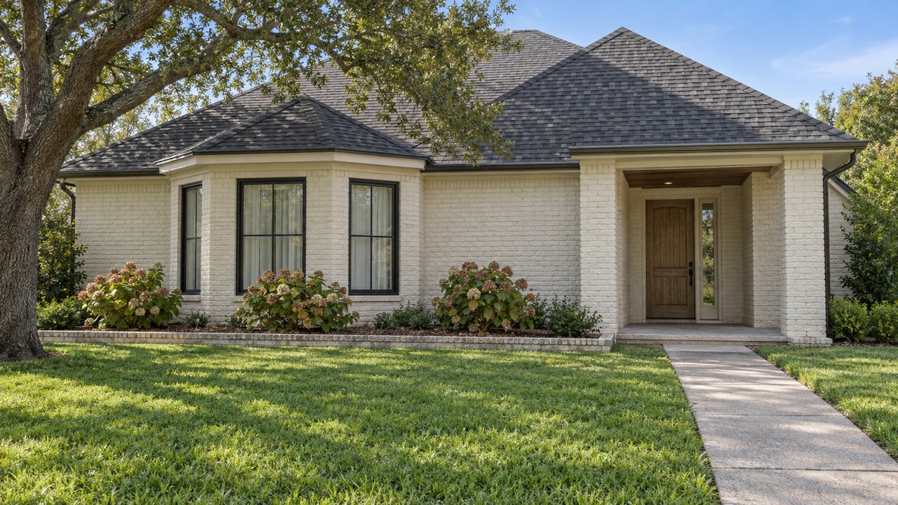 Ivory brick home with a steep charcoal roof, black-framed windows and a recessed oak entry beyond a deep lawn and concrete approach.