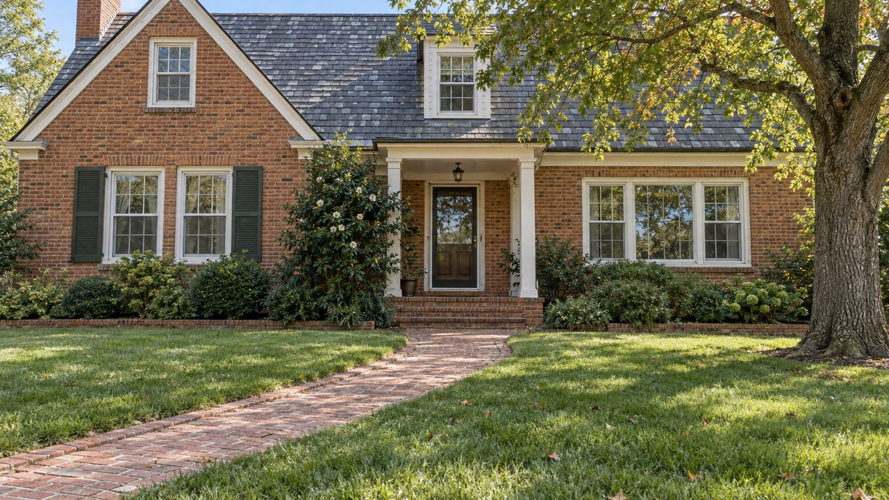 Warm brick house with white-trimmed windows and a small covered porch, viewed across a lawn and worn brick front walk beneath a mature willow oak.