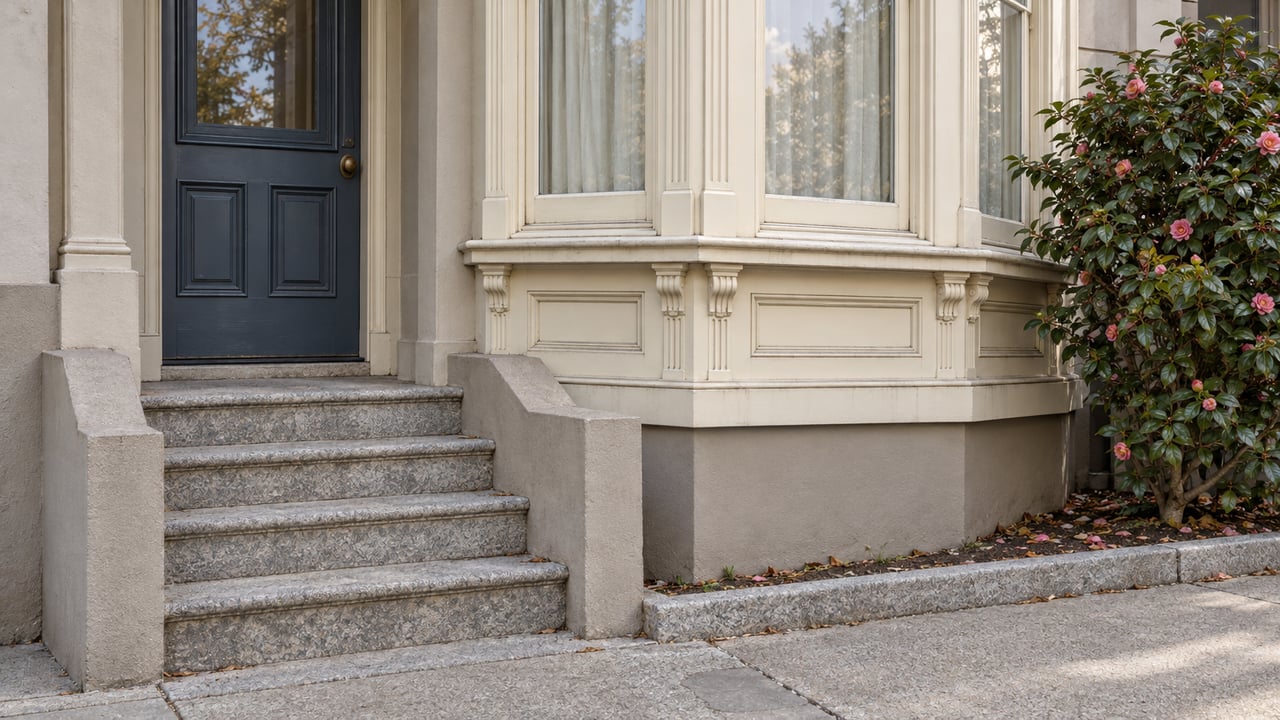 Buttercream bay windows beside a recessed blue-gray entrance, worn granite steps and a glossy camellia.