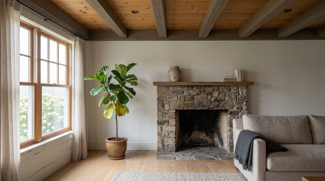 Great room with exposed timber beams, a fieldstone fireplace, oatmeal sofa, and fiddle-leaf fig by a tall window.