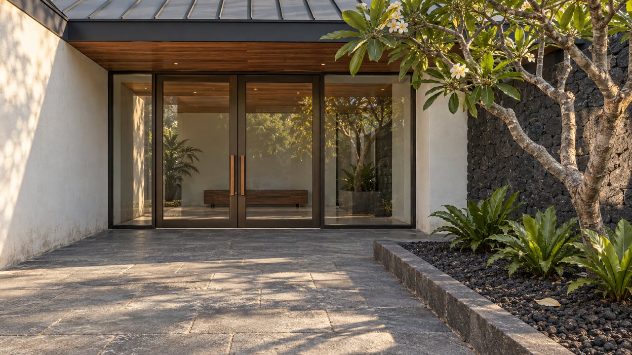 Broad roof shelters bronze-framed glass entry doors beside basalt walls, stone paving and a sculptural plumeria in a raised volcanic-gravel bed.