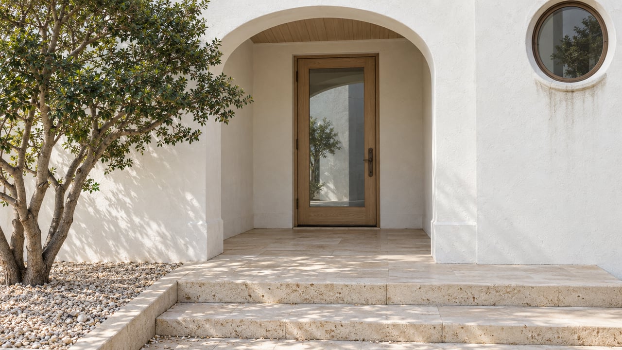 White stucco home entrance with an arched porch, glazed oak door, circular window, pale limestone steps and a sculptural yaupon holly.