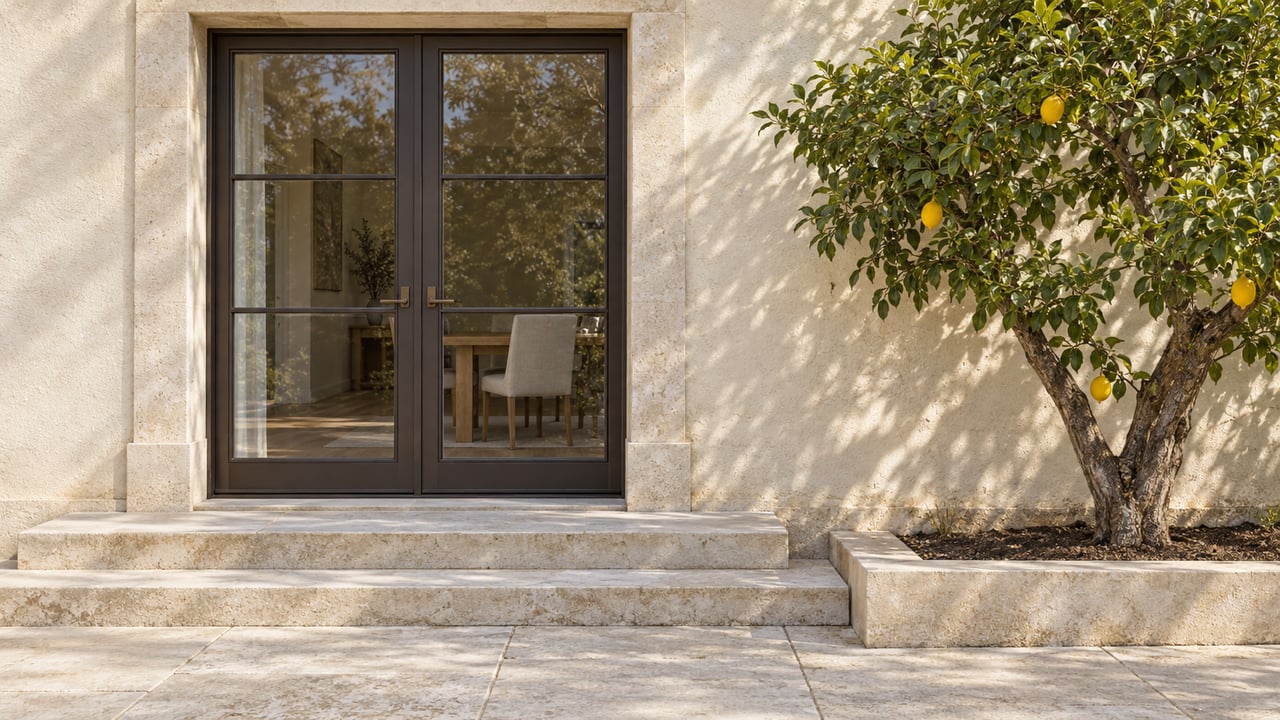 Cream stucco home with bronze-framed French doors, pale limestone steps and a lemon tree in a stone-edged planting bed.