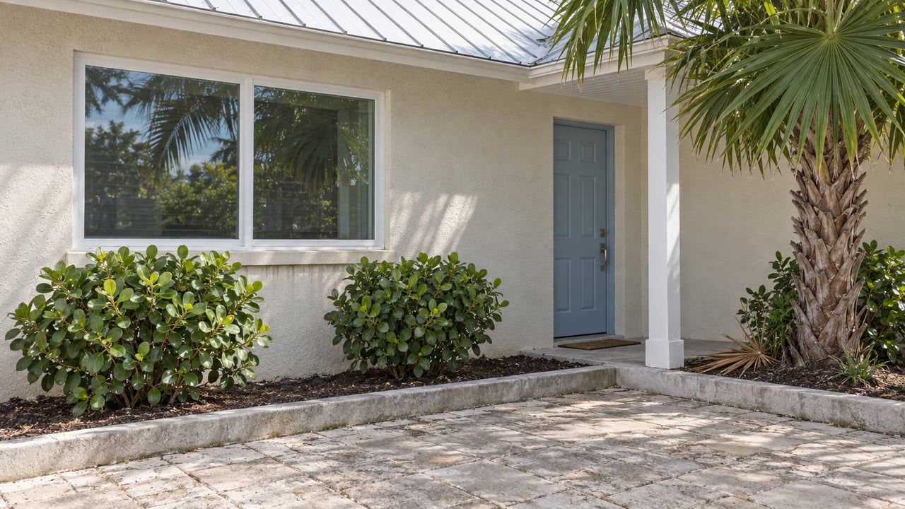 Home courtyard with pale stucco, blue door, glazed window, palm, and worn pavers.