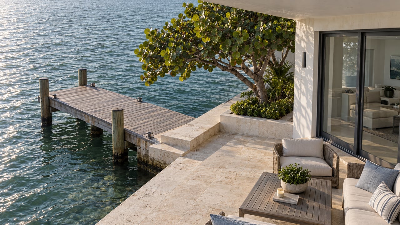 Covered waterfront terrace beside a white stucco house, with limestone steps leading to a short wooden dock.