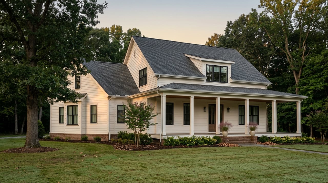White clapboard home with a deep porch sits beyond a lawn beneath mature oak trees.