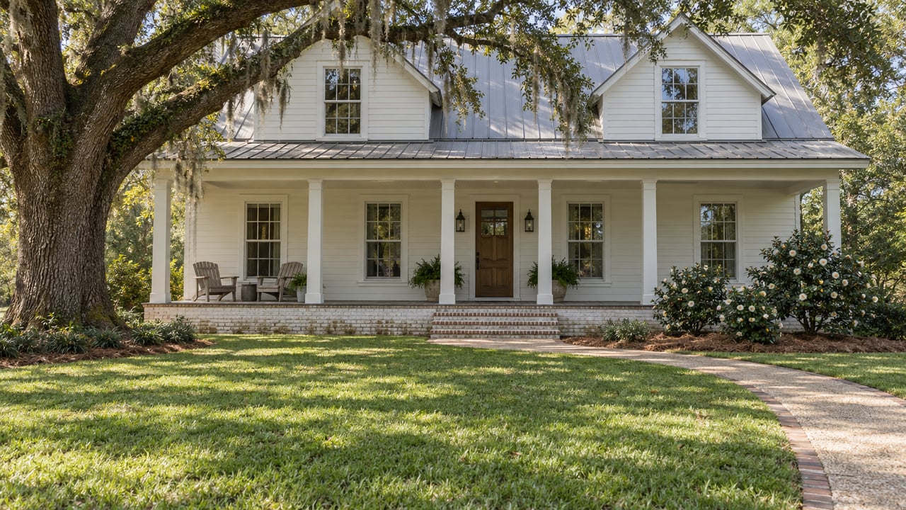 A white-sided home with a shaded front porch sits beyond a deep lawn, framed by a mature live oak and a brick-edged curving walk.
