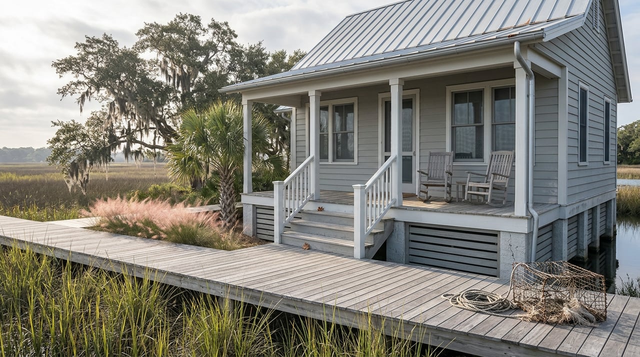 Raised gray coastal cottage with porch and rocking chairs beside a marsh, viewed from a boardwalk under an oak.