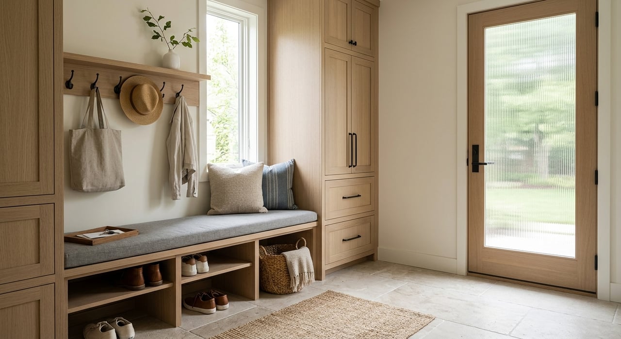 White-oak mudroom built-ins with a bench, brown boots, coir mat, and reeded-glass exterior door.