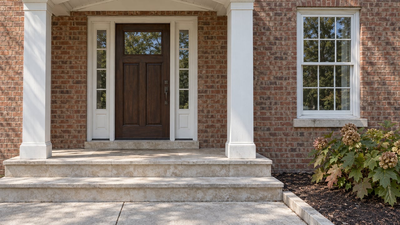 Close view of a brick home's white portico, dark oak entry door, paired sidelights and limestone steps beside an oakleaf hydrangea.