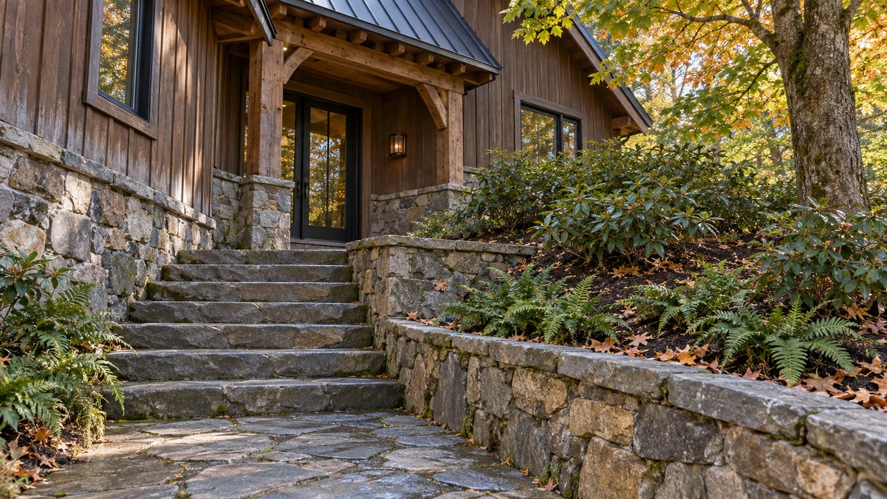 Stone steps climb beside a planted bank toward a timber-and-stone home with dark-framed windows and a steep metal roof.