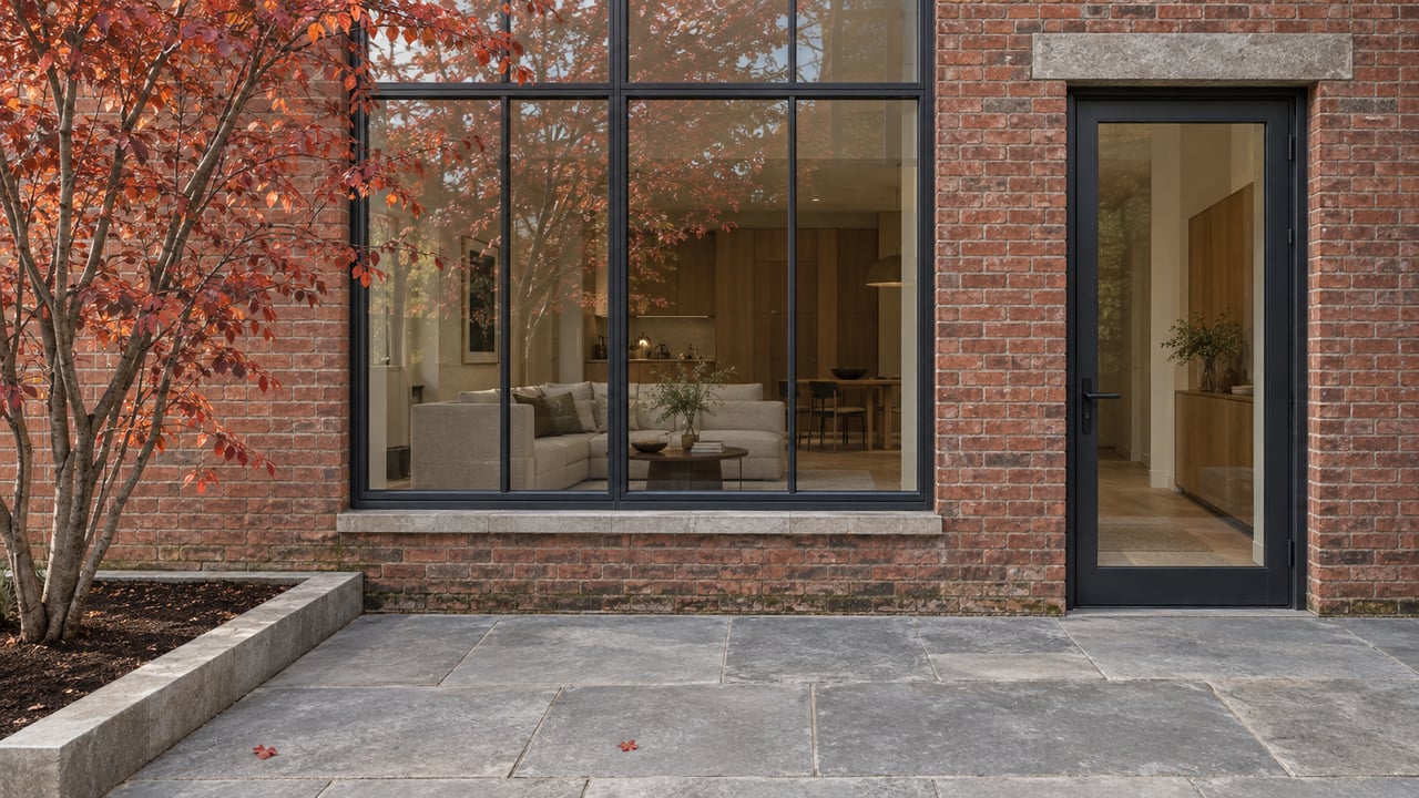 Brick loft facade with tall steel-framed glazing, a limestone terrace and a copper-leaved serviceberry tree.