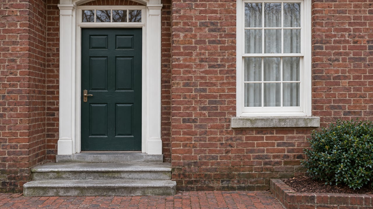 Close view of an evergreen paneled front door and white sash window in weathered red brick, above limestone steps and a brick sidewalk.