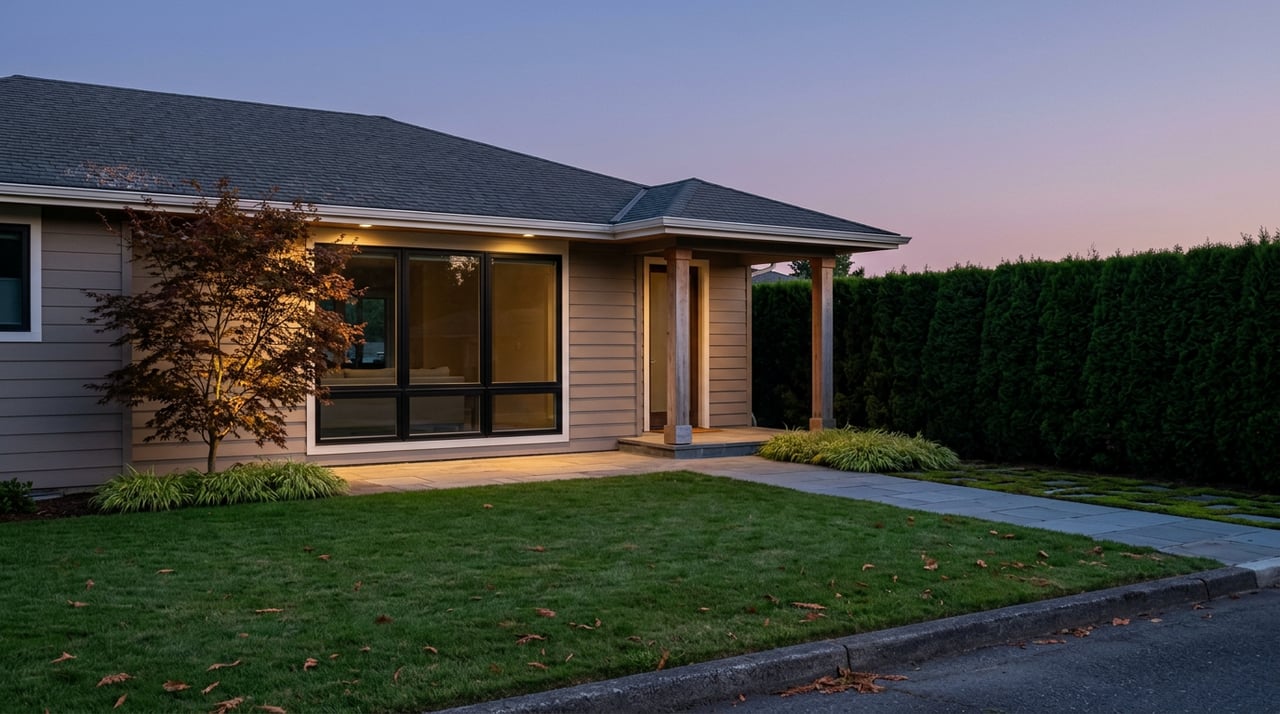 Taupe-sided home with glowing windows, cedar-post entry, a red maple, and a broad bluestone walkway at dusk.