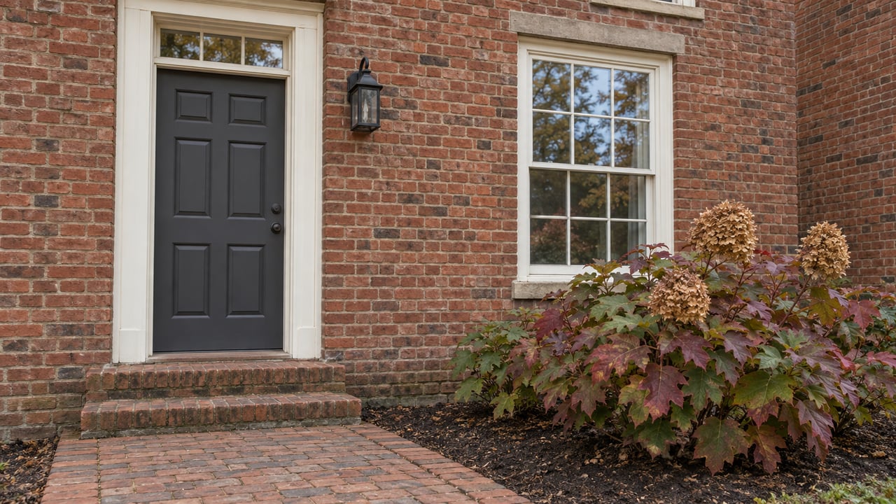 Close view of a red-brick townhouse entrance with a charcoal paneled door, white sash window, worn brick steps, and burgundy oakleaf hydrangea.