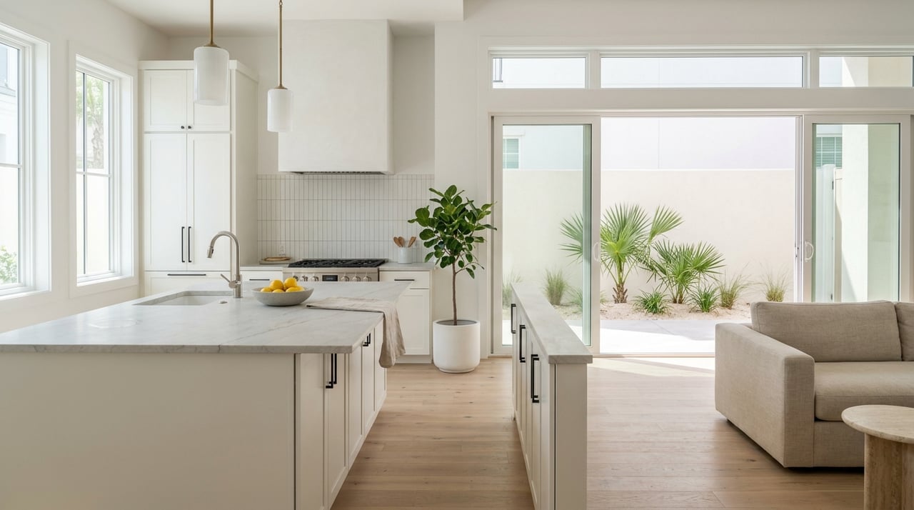 Coastal kitchen with a quartzite island, white oak floors, brass pendants, and a sliding glass door to palms and grasses.