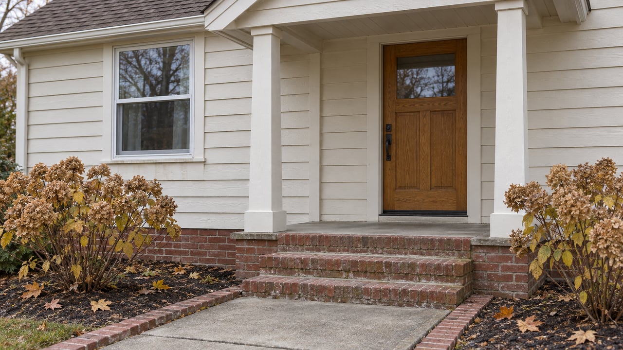 An ivory-sided home's covered oak front door above worn brick steps, with dried hydrangeas beside the concrete approach.
