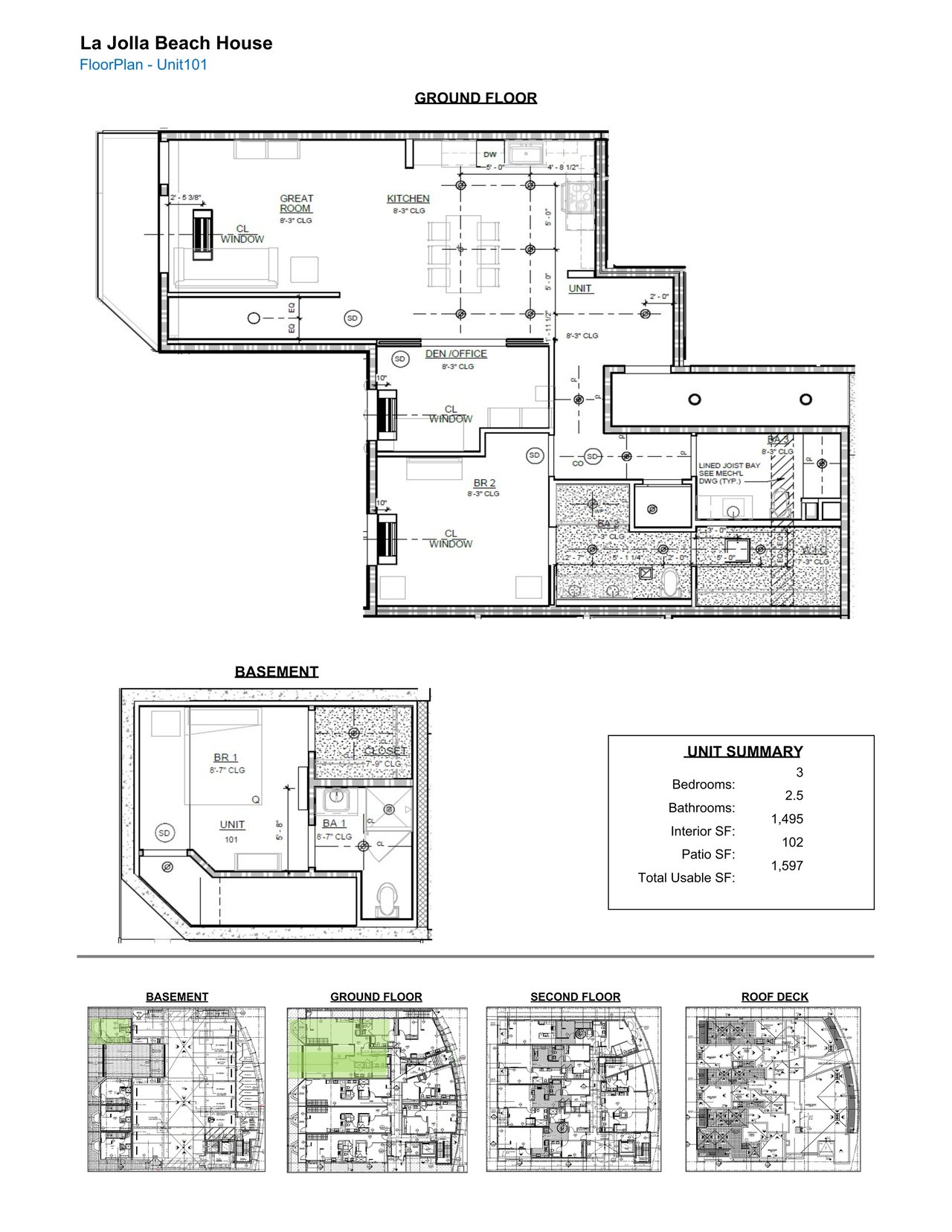 Unit 101 floor plans showing basement, ground floor, second floor, and roof deck.