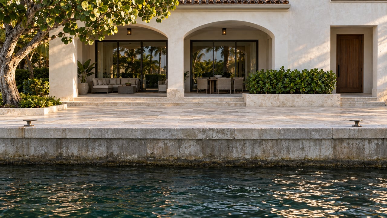 Waterfront house with arched loggia, pale-stone terrace, and seawall beside rippled water.