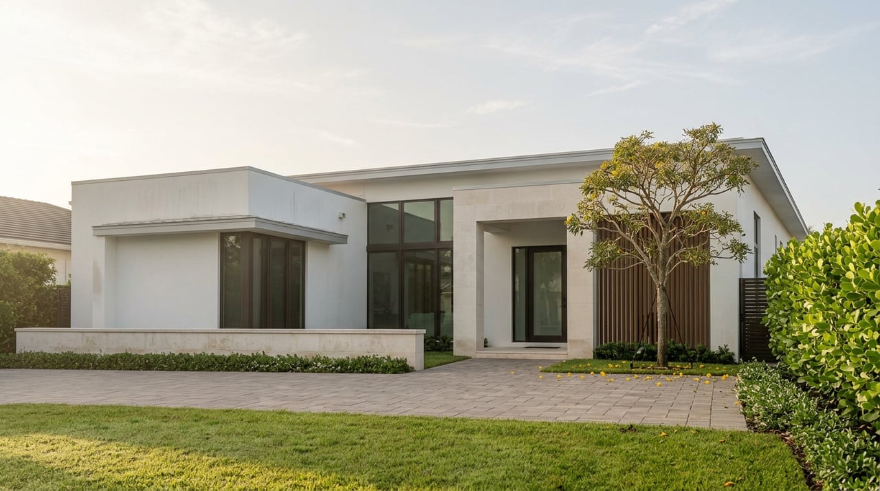 Flat-roofed white stucco house with bronze-framed glass, limestone entry, and yellow blossoms scattered across the motor court.