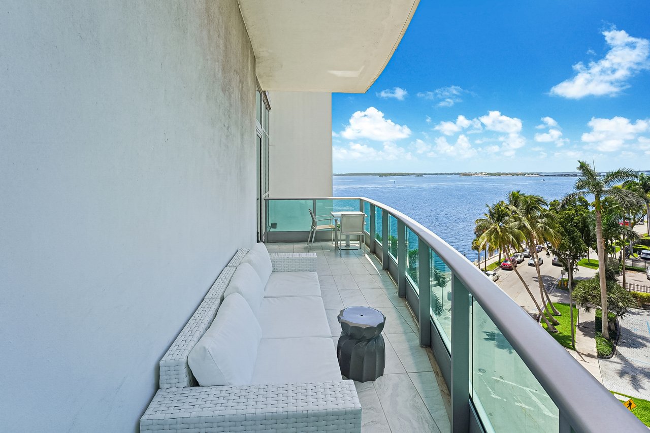 Private terrace at Jade at Brickell Bay Unit 611 with southeast-facing Biscayne Bay views
