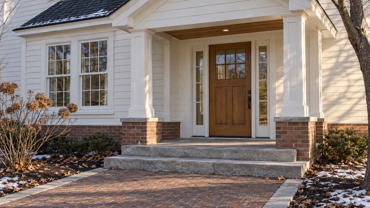 White-sided home with a red-brick foundation, oak glazed entry, limestone steps and a brick approach in clear winter light.