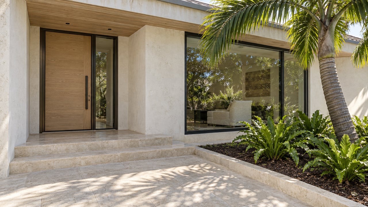 Recessed oak entrance and broad limestone steps beside tropical planting at a light-plaster modern home.