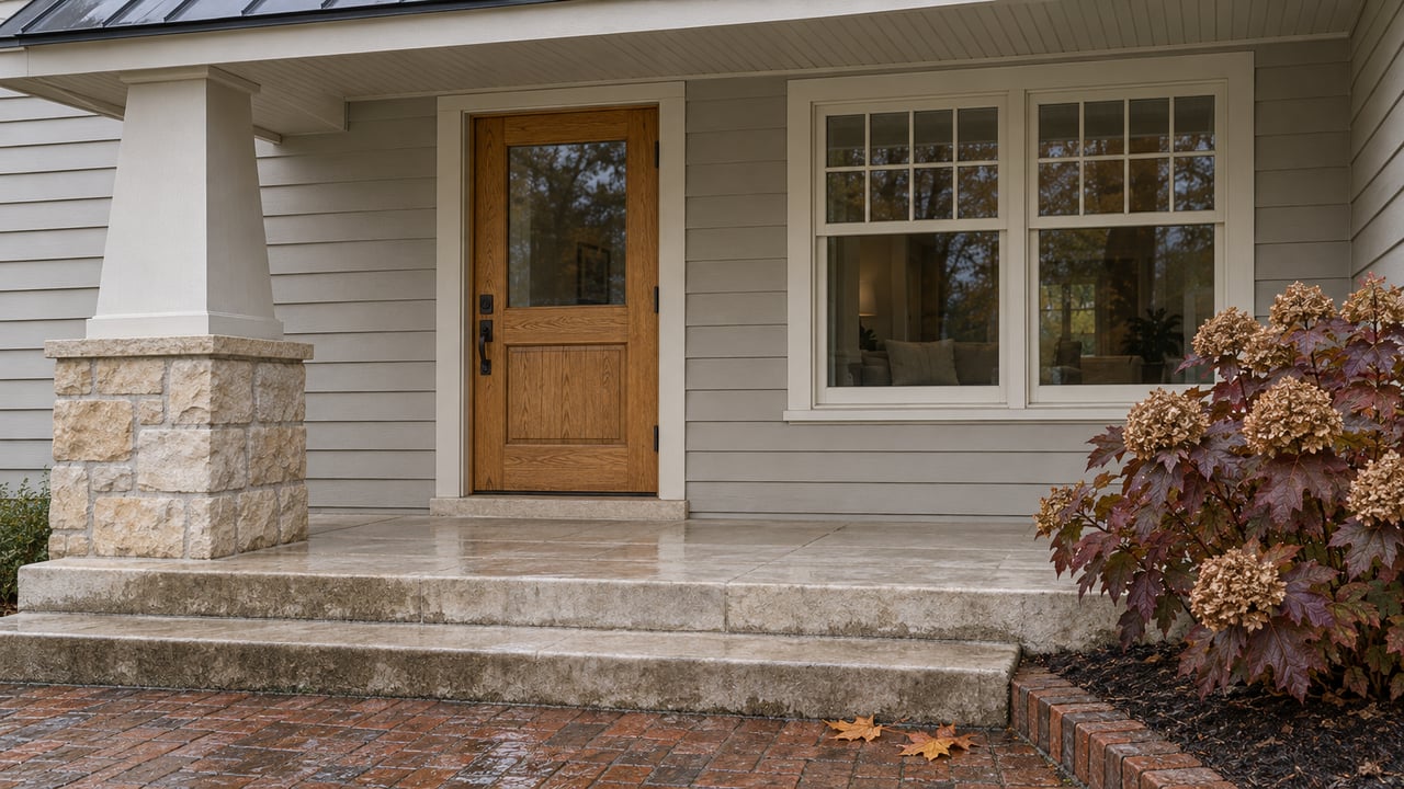 Rain-darkened brick steps toward a limestone porch with an oak front door, pale clapboard siding, and burgundy oakleaf hydrangea.