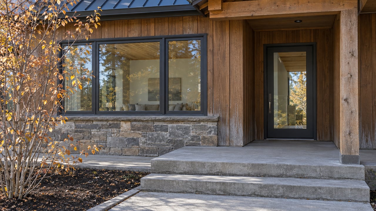 Weathered wood siding, stone foundation and a glazed front entry beneath a timber porch, with an autumn serviceberry beside concrete steps.