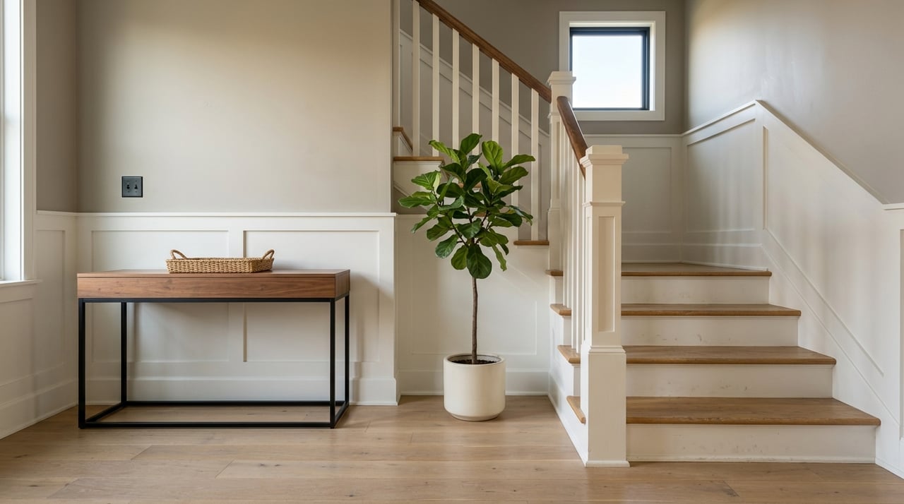 Stair hall and landing with warm neutral finishes, walnut, and matte-black accents.