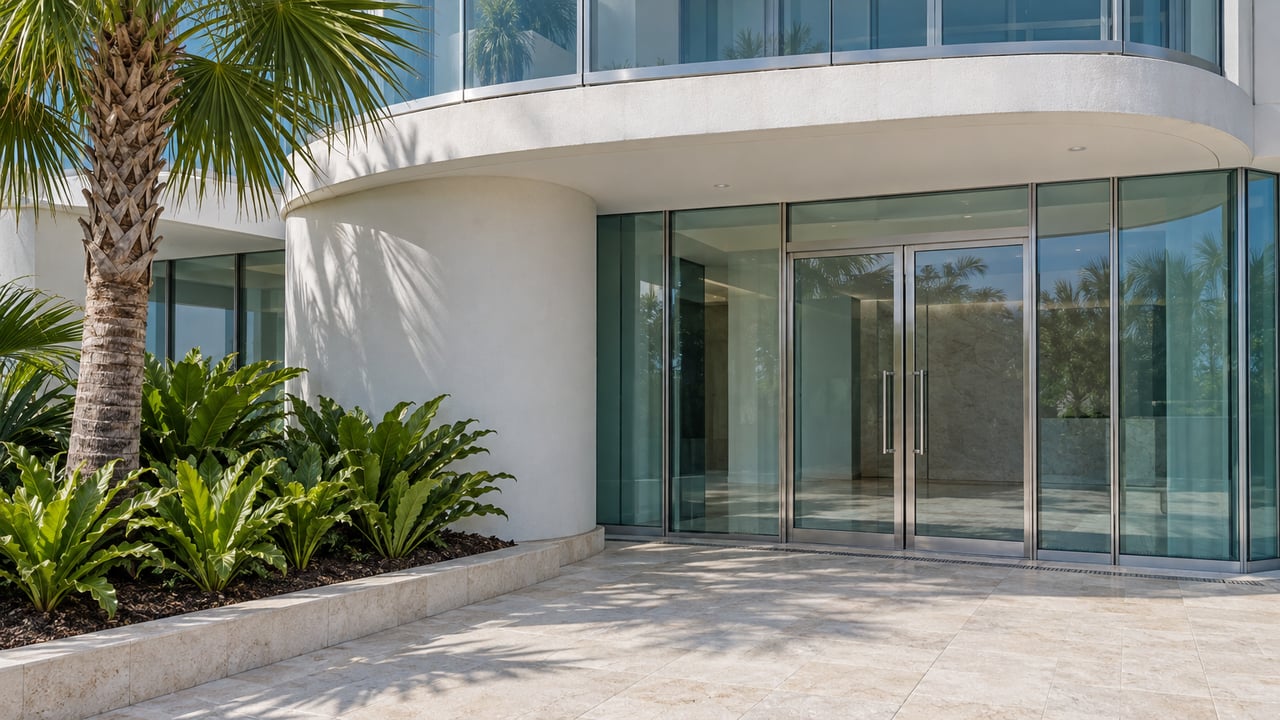 Rounded white condominium entrance with teal glass doors, a curved glass balcony and a fan palm beside pale stone paving.