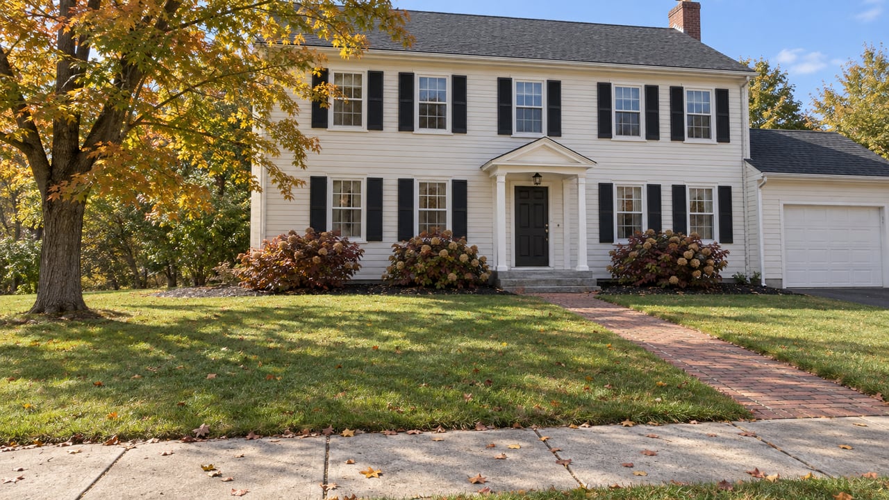 Ivory clapboard home beyond a broad lawn and concrete sidewalk, with an amber maple and hydrangeas beneath the windows.