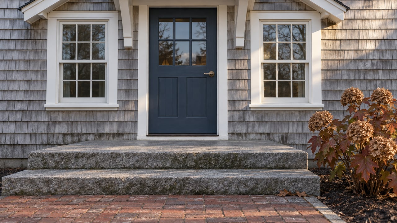 Weathered gray-shingle home entry with a blue door, white-trimmed windows, granite steps and russet oakleaf hydrangea.