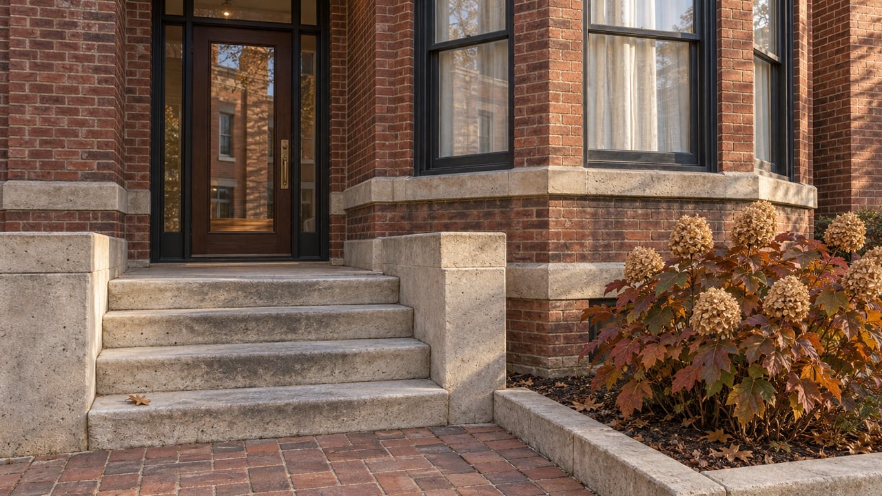 Sunlight grazes a red-brick home's glazed oak entry, limestone steps and window bay beside an oakleaf hydrangea.