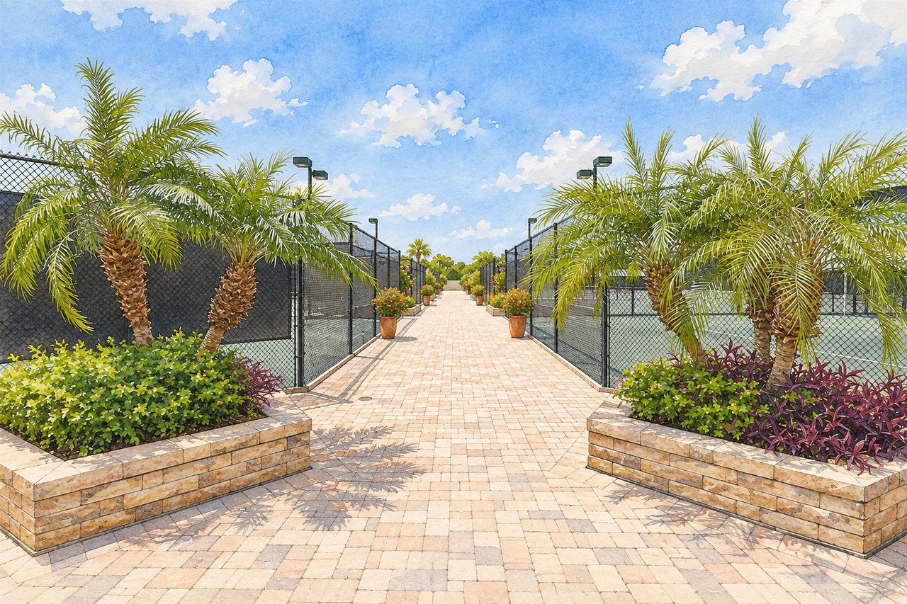 Tennis courts beside a brick walkway lined with palm trees and flowering planters.