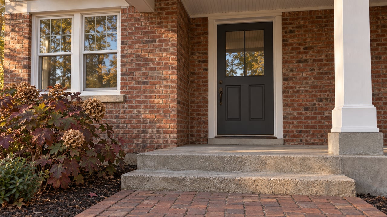 Warm afternoon light brushes a red-brick covered entrance with white woodwork, worn pavers, and burgundy oakleaf hydrangea.