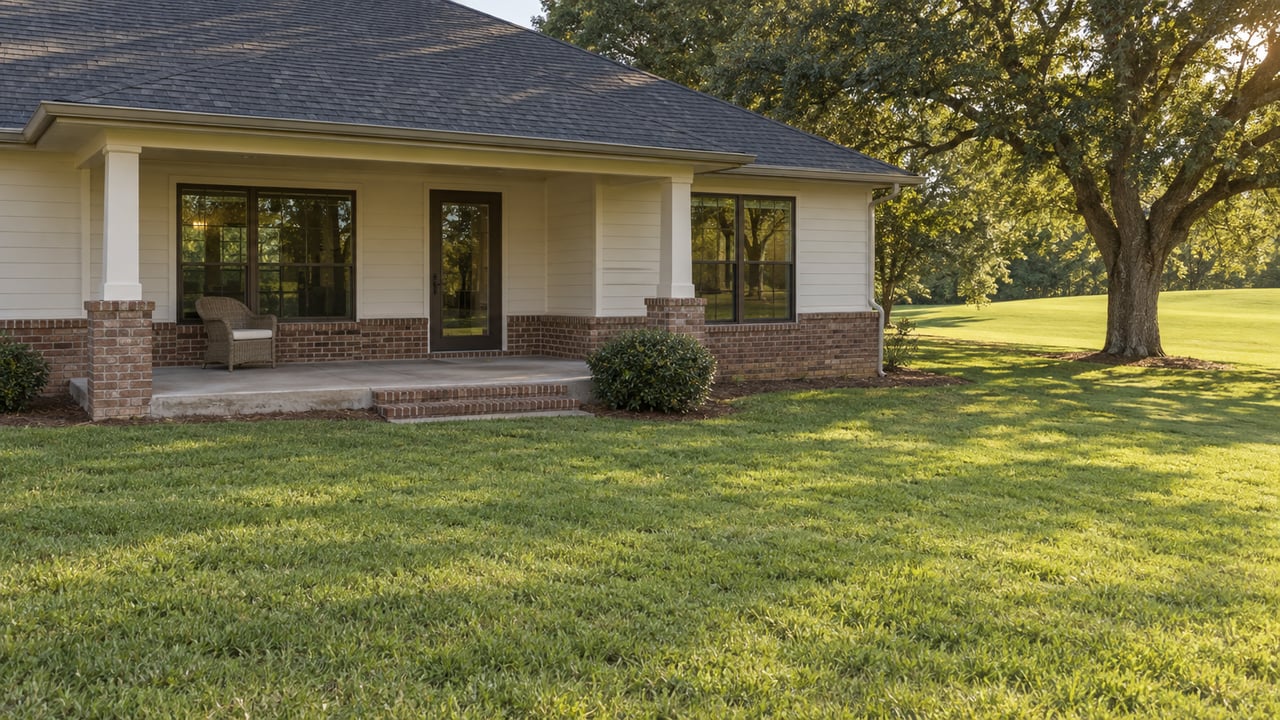 Off-white house with a covered brick porch borders a broad lawn beside a mature spreading oak.