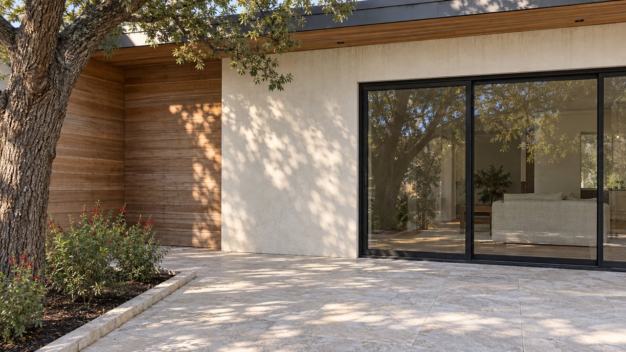 Sunlit contemporary home terrace with white stucco, cedar cladding, closed black-framed glass doors, and limestone paving beneath a mature oak.